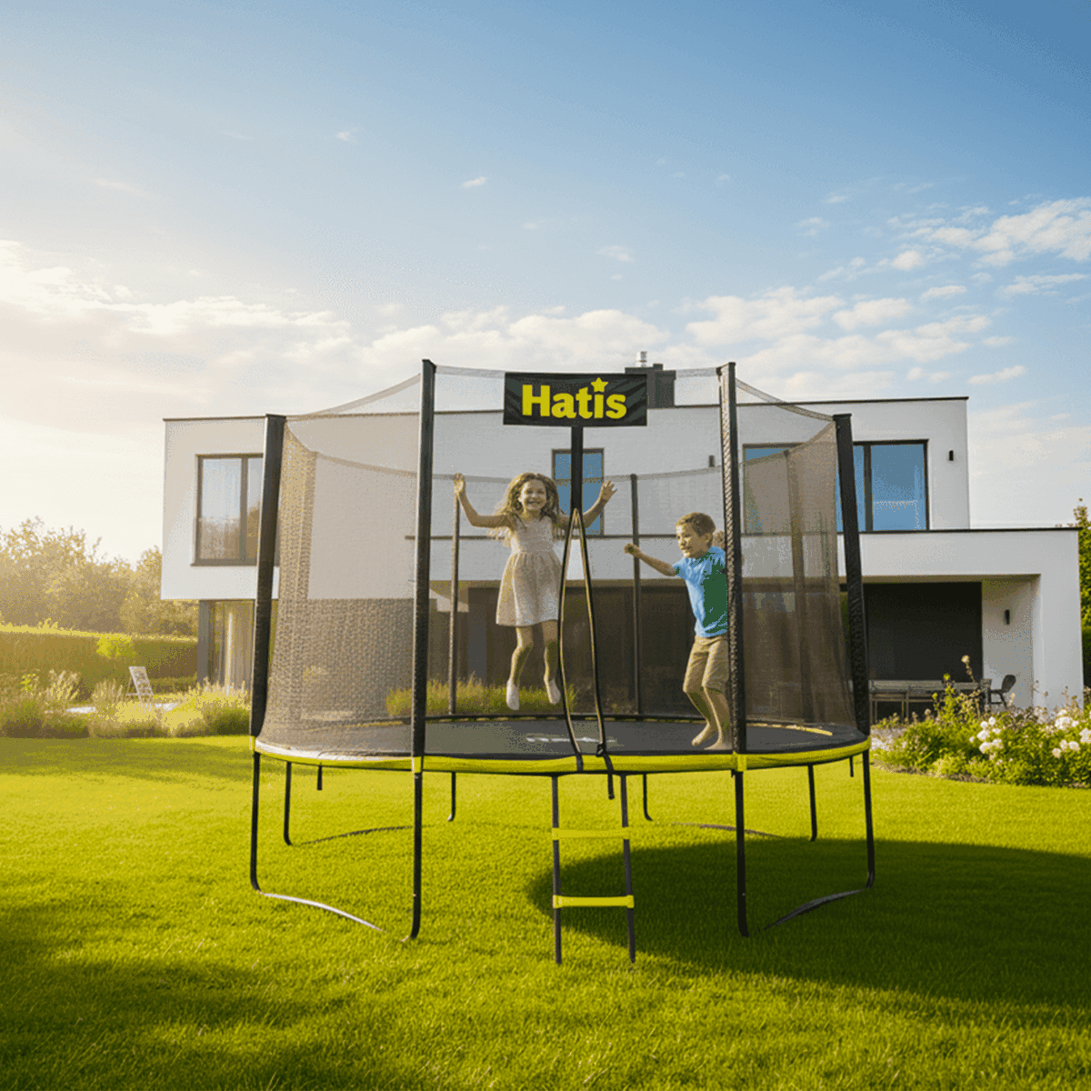 Batutas HATIS 2,44 m. su apsauginiu tinklu ir laipteliais Batutas HATIS 2,44 m. su apsauginiu tinklu ir laipteliais