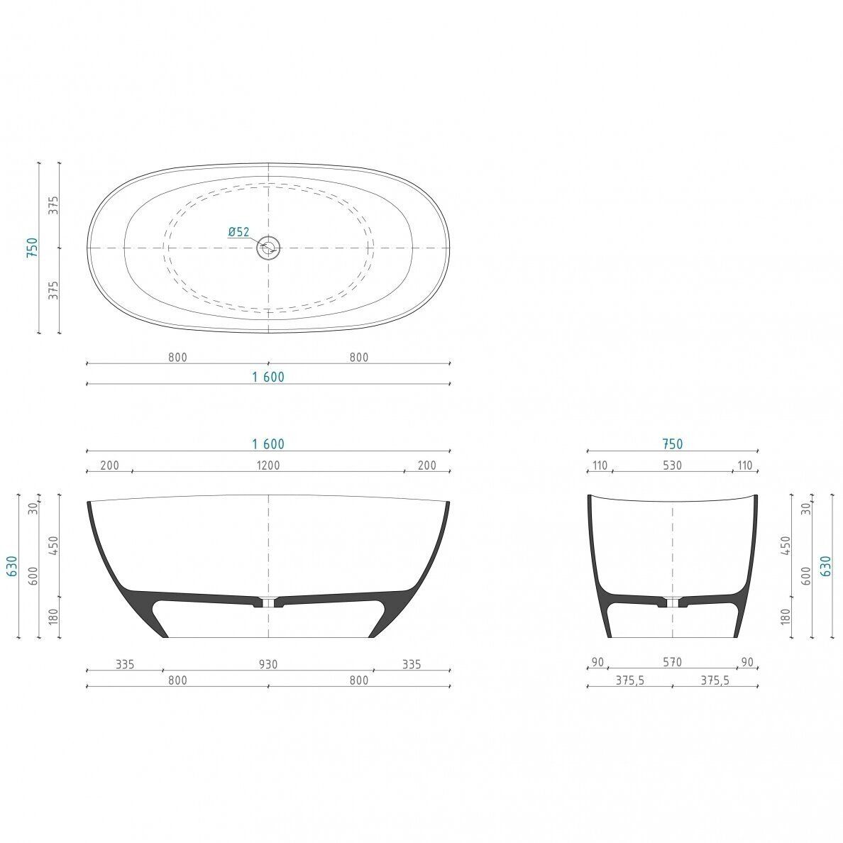 Vonia Aquastone AQS1, balta, 160x75 cm