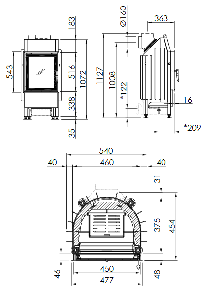 Plieninis židinio ugniakuras Spartherm Mini R1V510-4S, tiesiu stiklu, dešininės durelės