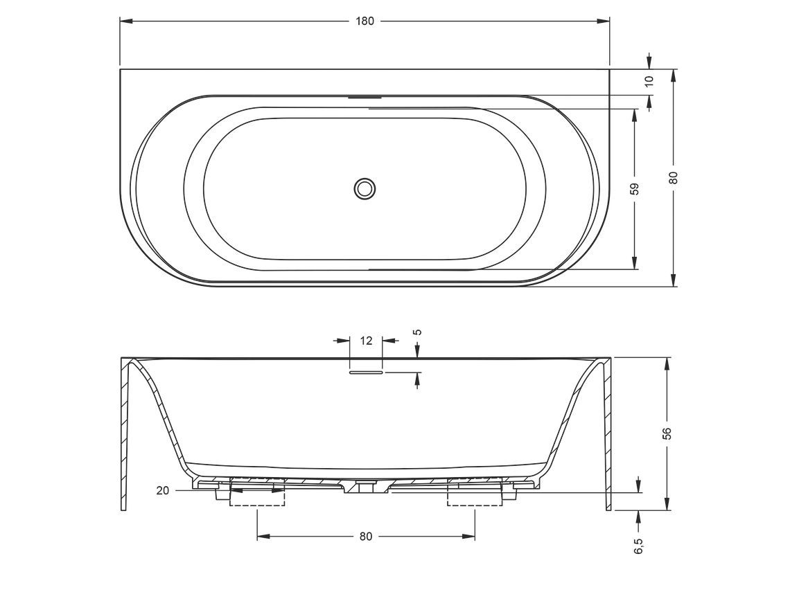 Akmens masės vonia RIHO Valor Back2Wall 180x80 cm