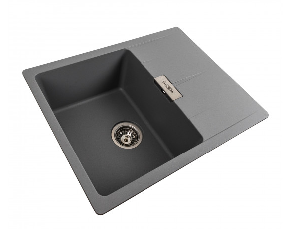 Granitinė plautuvė Platinum ZIRKON 6250, 620x500 mm, pilkos spalvos, su užkemšamu ventiliu ir sifonu komplekte, be skylių