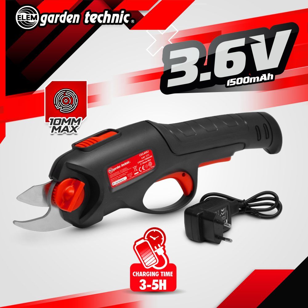 Akumuliatorinis sekatorius su baterija ir įkrovikliu ELEM GARDEN TECHNIC, CS3.6VLI