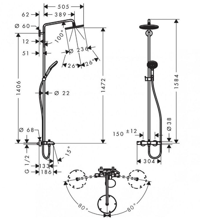 Dušo sistema Hansgrohe RD SELECT AIR 1 jet 240 mm su termost. vonios maišytuvu, chromas, 27117000