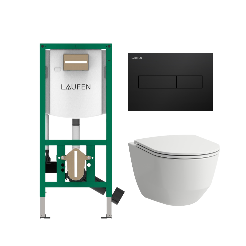 Komplektas: rėmas Laufen INEOLINK su juoda matine plokštele ir unitazas Laufen Pro New Rimless