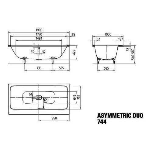 Plieninė vonia Kaldewei Asymmetric Duo 190x100 cm su EasyClean danga, balta, 274400013001