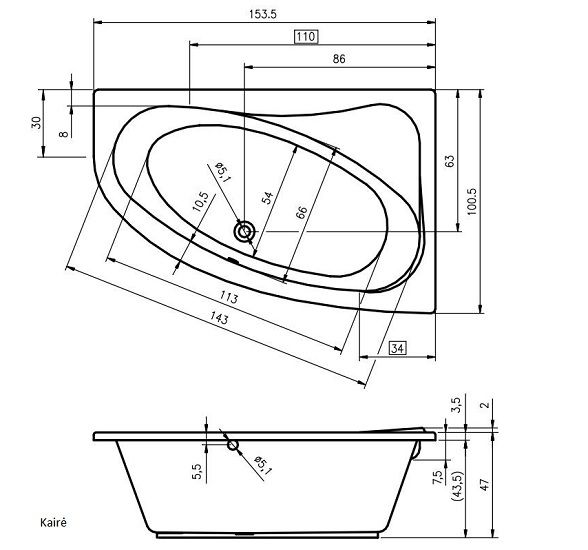 Masažinė akrilinė vonia Riho Aryl Flow 6+6+2 153,5x100,5 cm, kairė