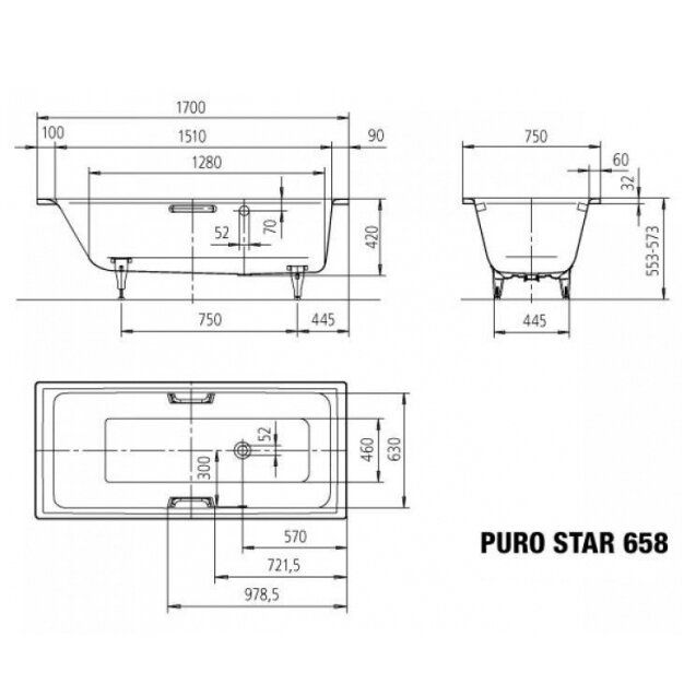 Plieninė vonia Kaldewei Puro Star 170x75 cm su skylėms rankenėlėms, balta, 255400010001