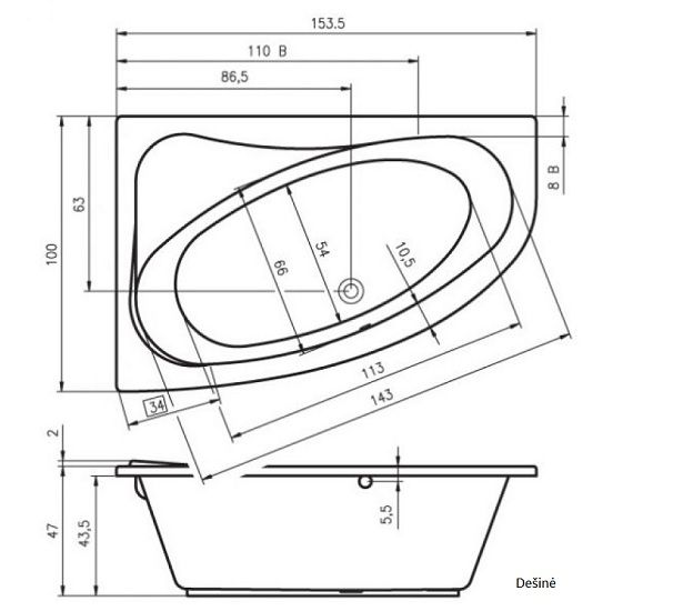 Masažinė vonia Riho Aryl Flow 6+6+2 153,5x100,5 cm, dešinė