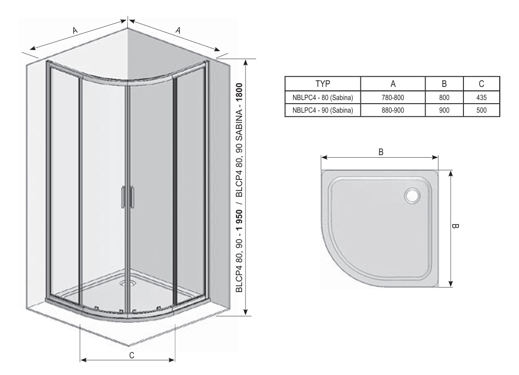 Žema dušo kabina Ravak Blix II NBLCP4 Sabina 90x90 cm 3BM70340Z1