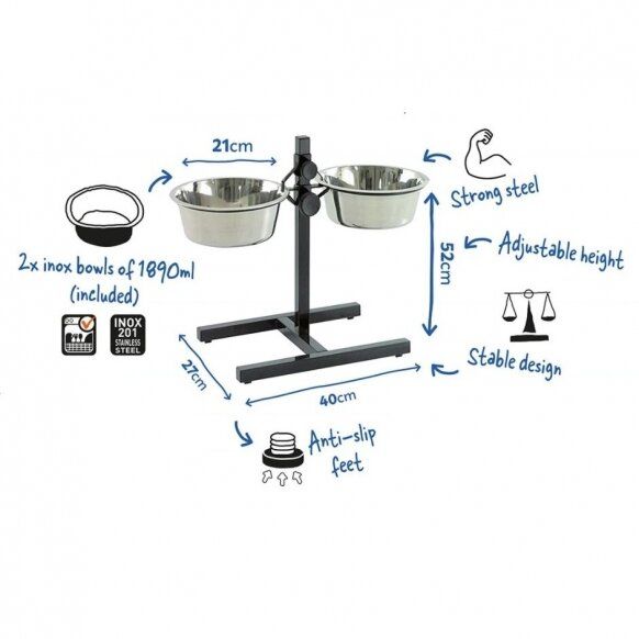 Stovas Duvo+ su dviem metaliniais dubenėliais L - 52CM - 2xØ21 cm