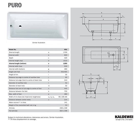 Plieninė vonia Kaldewei Puro 170x80 cm, balta, 259100010001