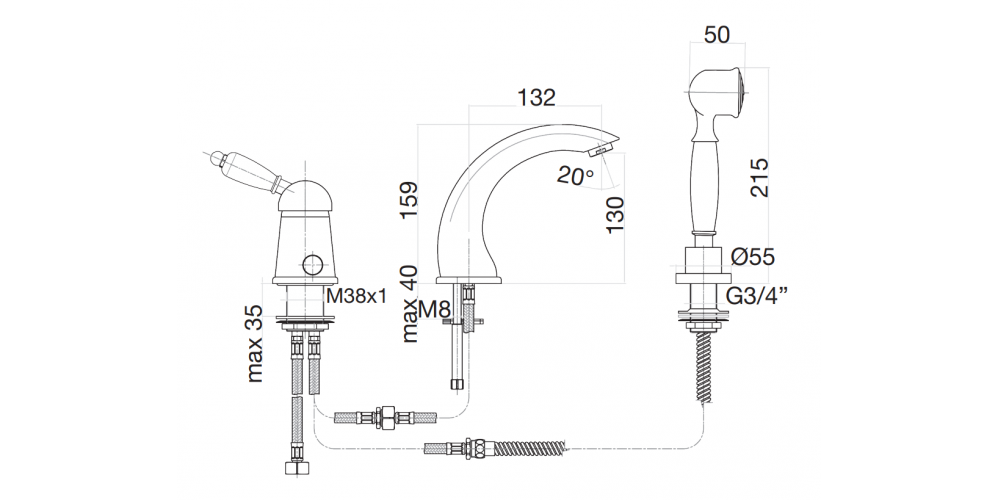 Maišytuvas vonios kraštui Fiore IMPERIAL BLACK 3 dalių, aukso sp., 89OO5105