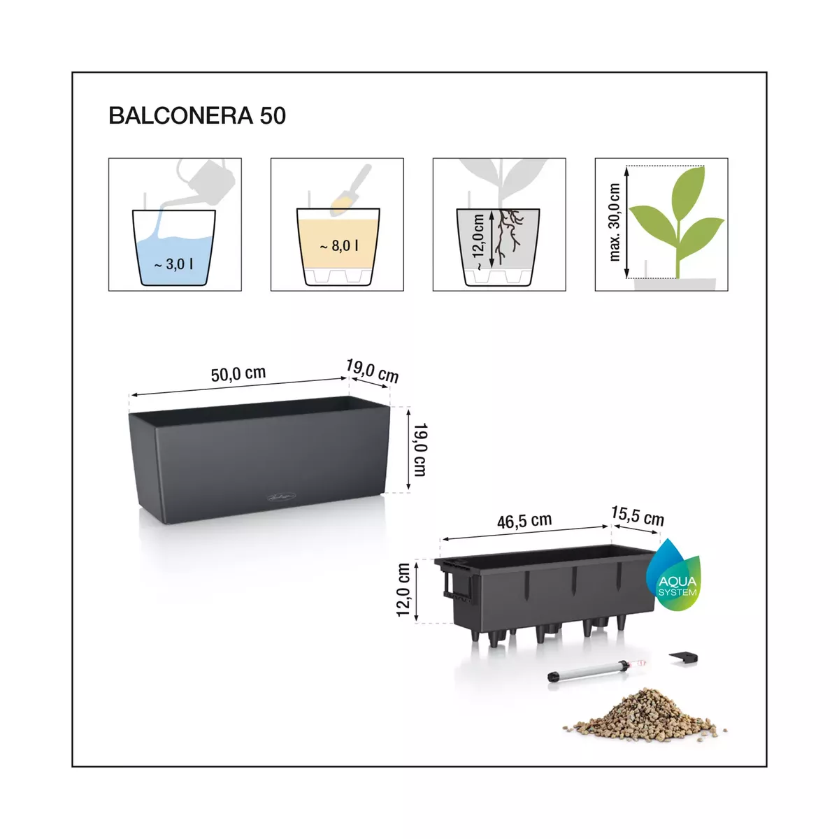 Vazonas Lechuza BALCONERA Cottage 50 grafito juodumo, 15609