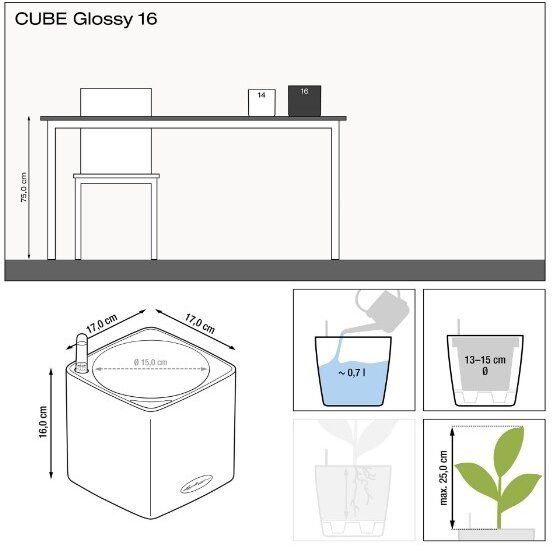 Vazonas Lechuza CUBE GLOSSY 16, antracite, 13521