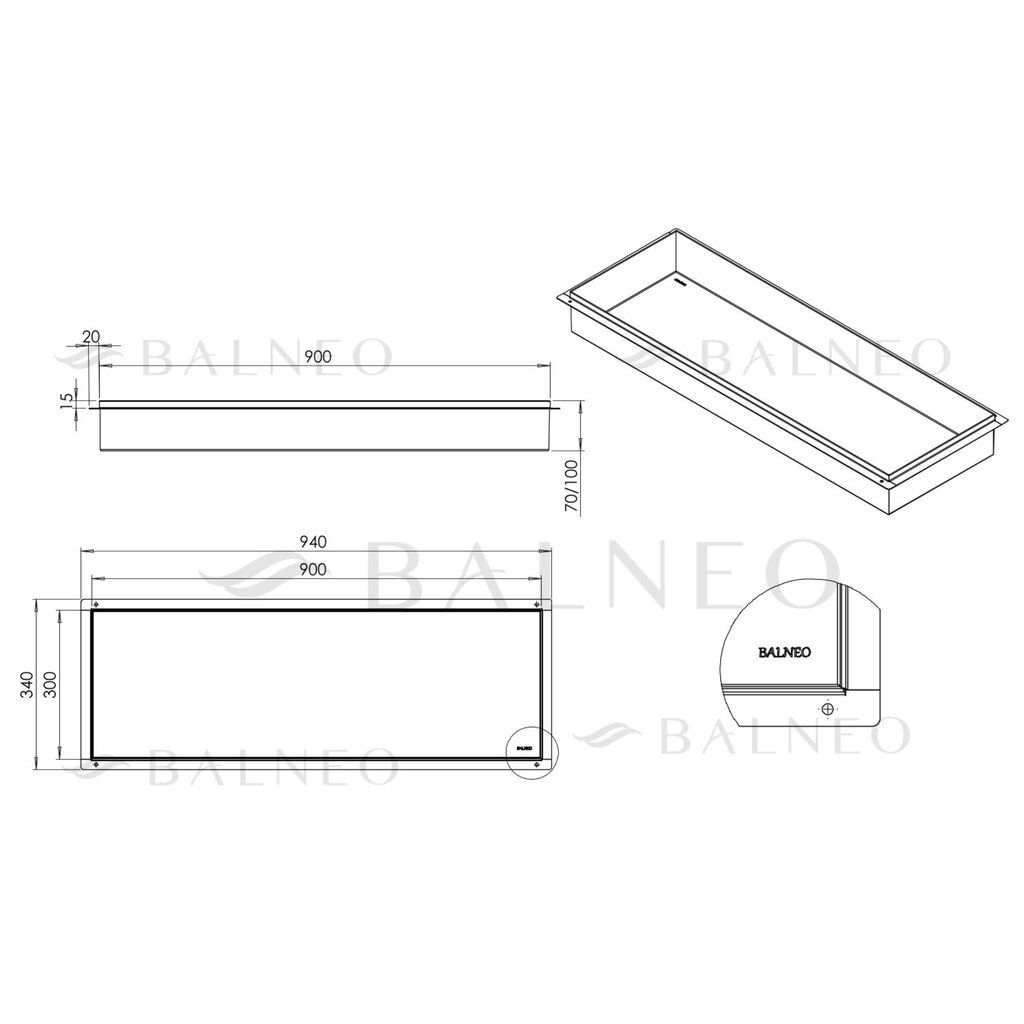 Įleidžiama berėmė sieninė lentyna Balneo Wall Box NO RIM, nerūdijančiojo plieno sp., 90x30x10 cm, OB-IN6-NR
