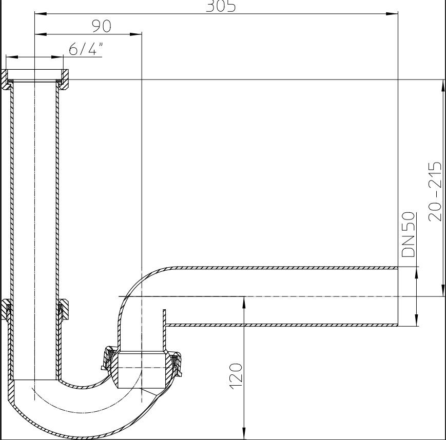 Sifonas plautuvei HL 100G/50 DN50х6/4" pasukamas