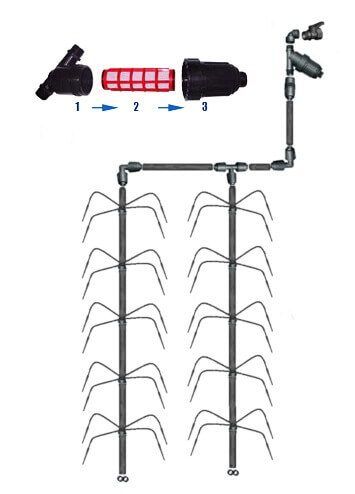 Šiltnamio laistymo sistema KETURKOJIS gravitacinis 10/15m. 4m. (12 m²)