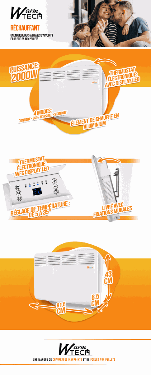 Sieninis konvekcinis šildytuvas Warmtech, 2000 W Sieninis konvekcinis šildytuvas Warmtech, 2000 W