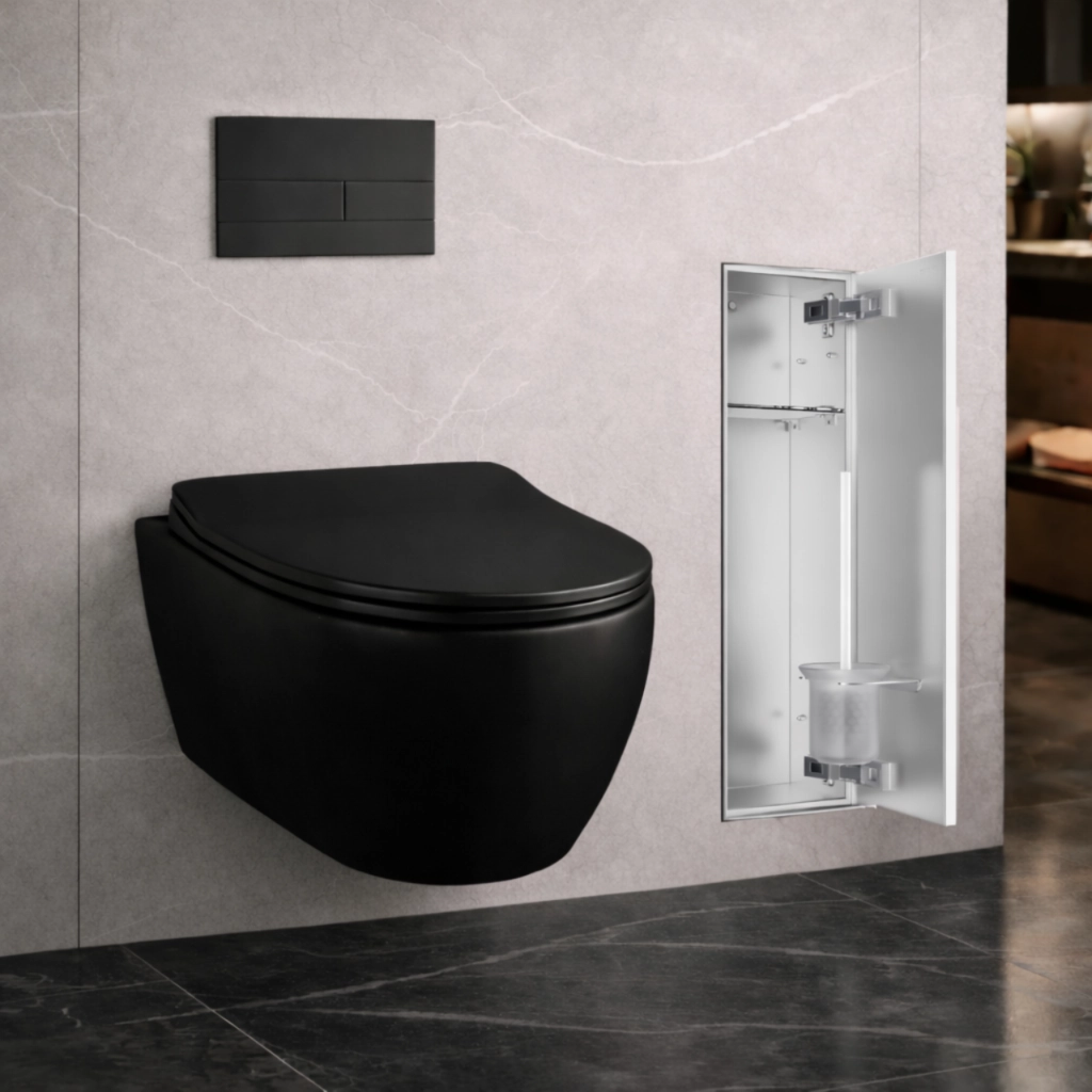 Potinkinė WC šepečio lentyna Balneo Wall Box Brush "L" Right - dešinės pusės, įklijuojamai plytelei, nerūdijantis plienas B0401060108-02