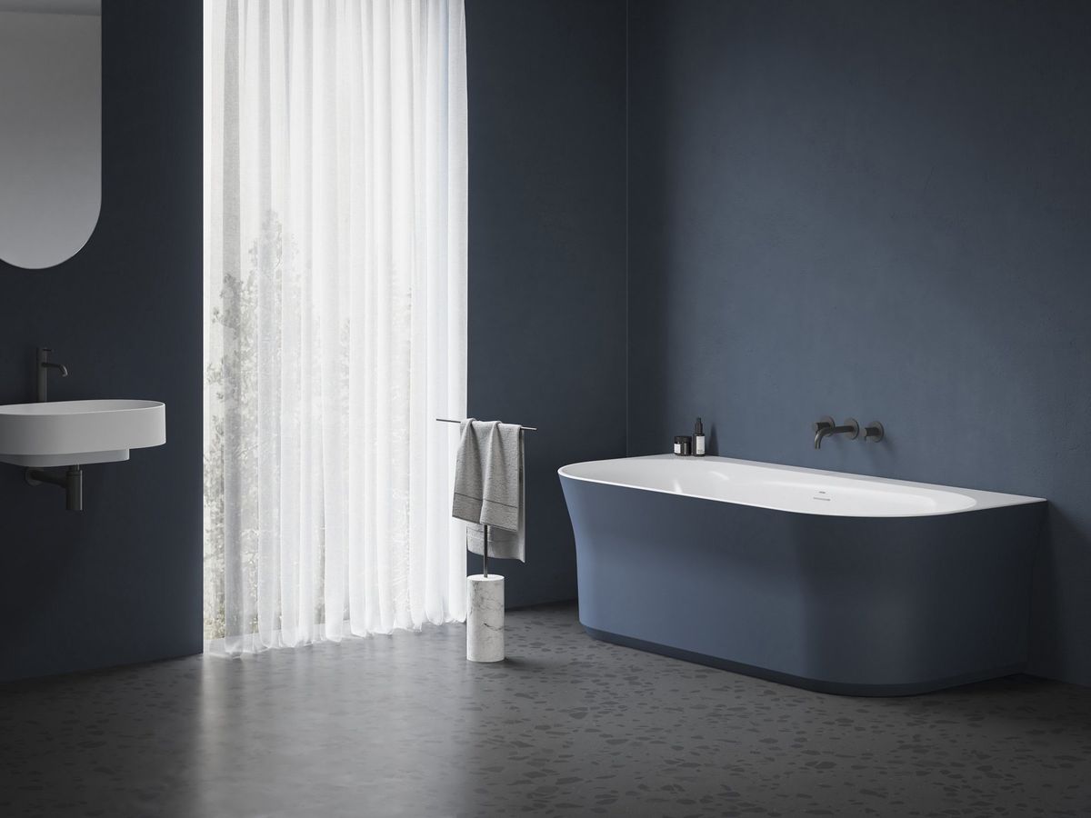 Ravak Vonia Ypsilon Wall 178x86, laisvai pastatoma, Deepsea Blue/balta, persipylimo ir sifono dangtelis baltos spalvos XC00100070