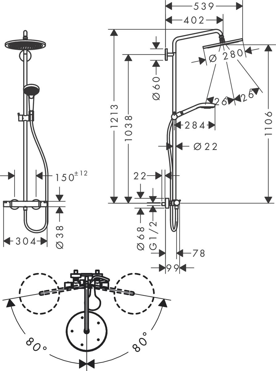 Dušo sistema HANSGROHE Croma Select S 280 1jet su Ecostat Comfort termostatu ir Raindance Select S 120 3jet rankiniu dušeliu, matinė juoda, 26890670