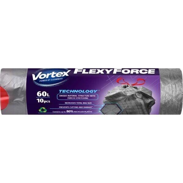 Šiukšlių maišai VORTEX FLEXY Steel, pilki, rišami juostele, 60L/ 10vnt.