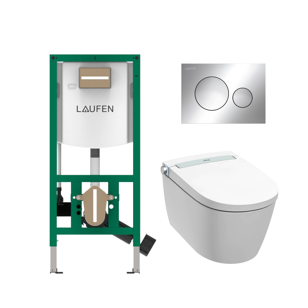 Komplektas: rėmas Laufen INEOLINK su chromine plokštele ir unitazas JIKA Clean MILA rimless su bidė funkcija