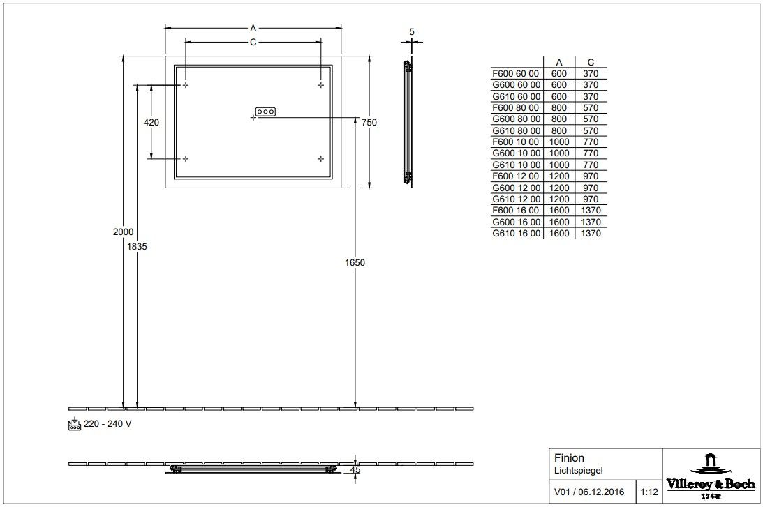 Veidrodis su LED apšvietimu Villeroy & Boch Finion 160x75 cm, F6001600