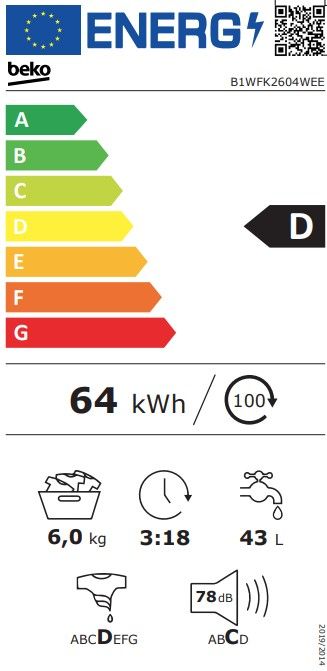 Skalbimo mašina Beko B1WFK2604WEE, 6 kg