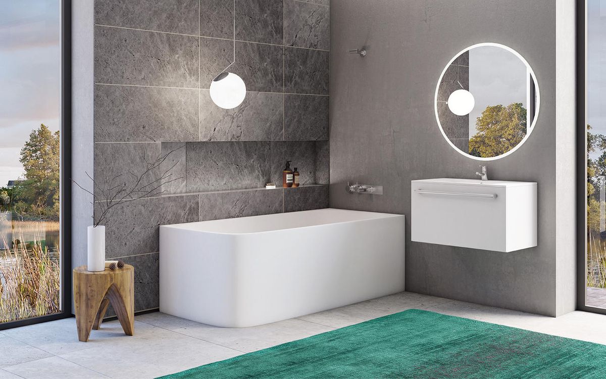 Akmens masės vonia Balteco Leon kairinė 180×80 balta poliruota