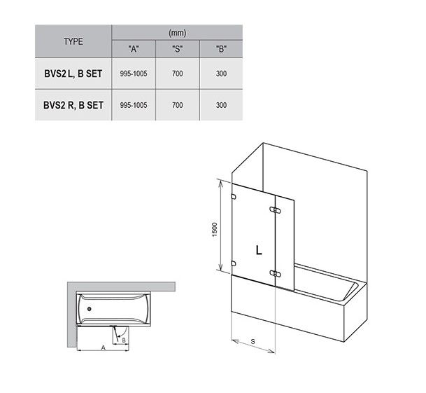 Vonios sienelės BVS2-100 R chromas+stiklas Transparent 7UPA0A00Z1