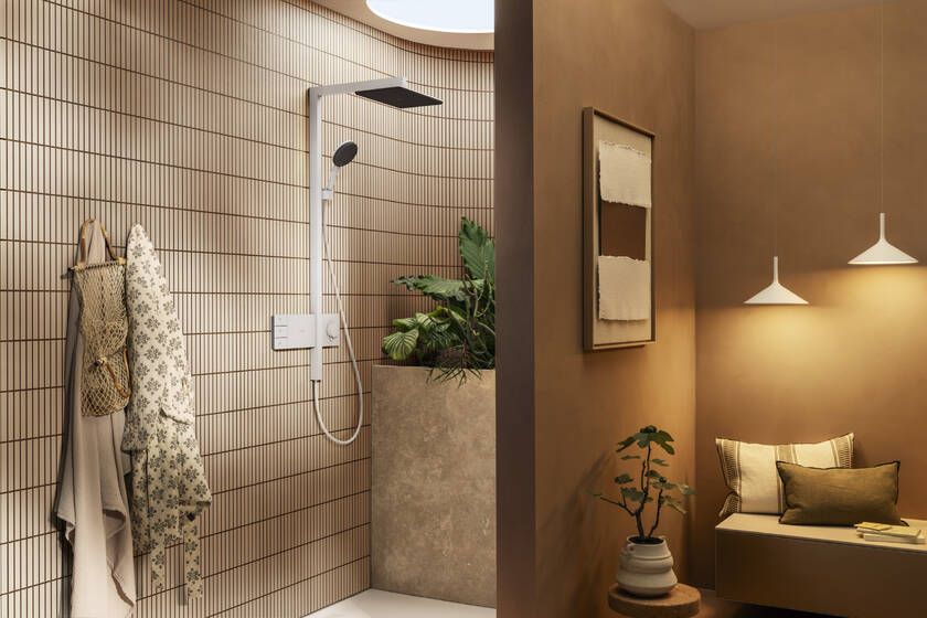Dušo sistema HANSGROHE Raindance Alive Q su termostatu, matinė balta, 24591700 Dušo sistema HANSGROHE Raindance Alive Q su termostatu, matinė balta, 24591700