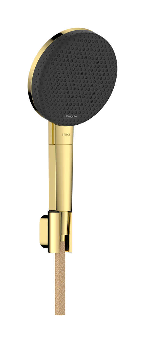Hansgrohe Raindance Alive Select S dušo komplektas su laikikliu, 125 mm, 3 srovių, EcoSmart, Designflex tekstilinė žarna 160 cm, Polished Gold Optic, 24611990