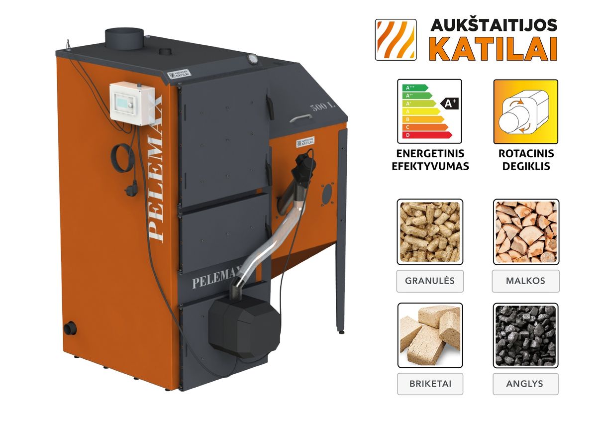 Granulinis katilas Pelemax 50 kW, komplekte su rotaciniu 50 kW degikliu, 500 l bunkeriu