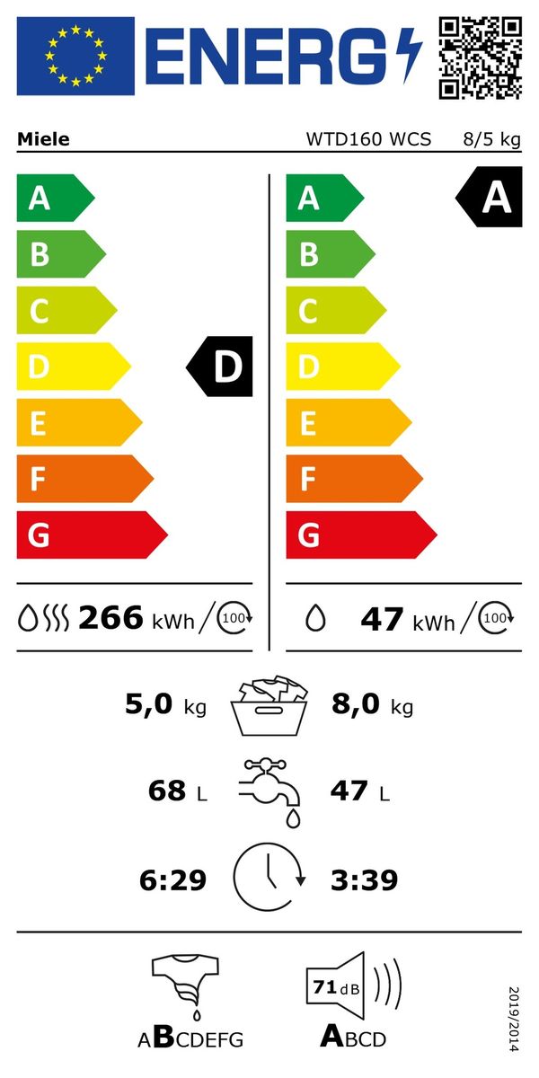 Skalbimo mašina su džiovinimo funkcija Miele WTD160 WCS, 8/5 kg