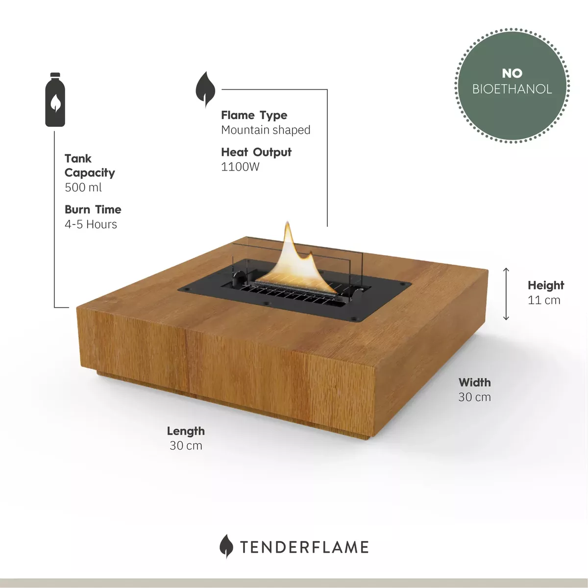 Tenderflame HOLLY 90 OAK stalo židinys, tamsus,naudojamas Tenderfuel skystis