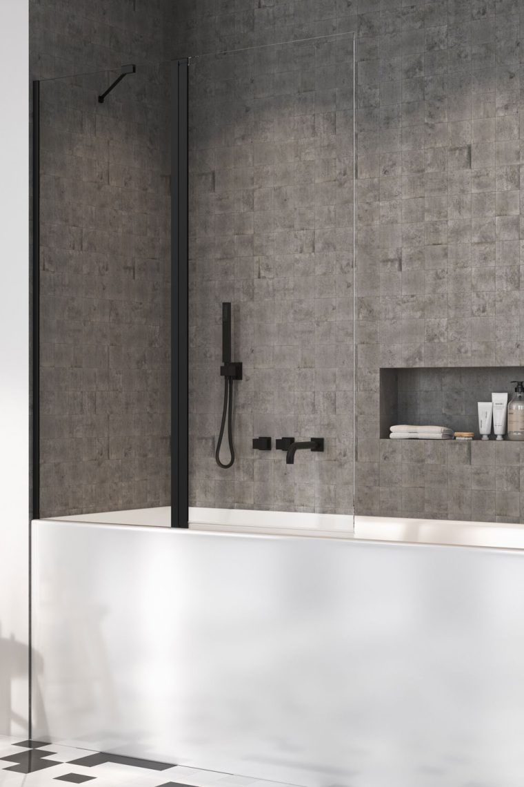 Vonios sienelė Radaway NES Black PND II 120 L kairė pusė, skaidrus st., juodas profilis 10009120-54-01L