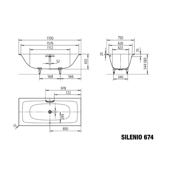 Vonia Kaldewei SILENIO Mod 674 170x75x40 cm, balta su EasyClean danga, 267400013001