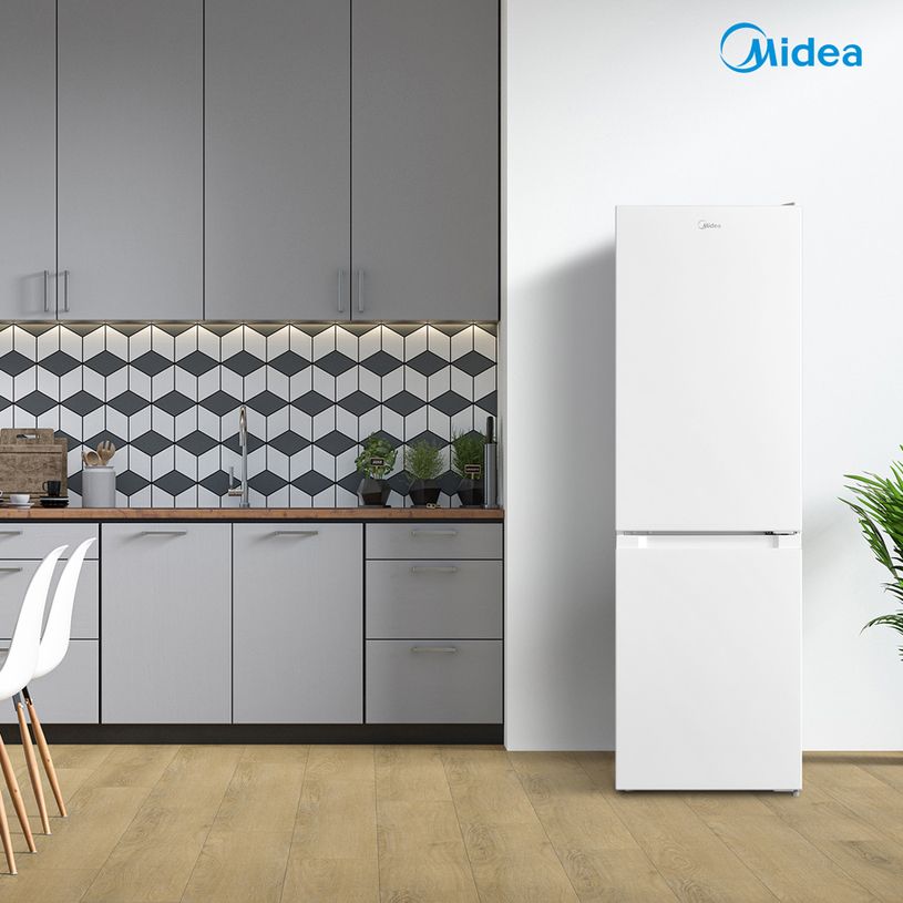 Šaldytuvas Midea MDRB369FGE01, laisvai pastatomas, 177.3 cm, apačioje šaldiklis, šaldytuvo talpa 197 litrai, šaldiklio talpa 65 litrai, klasė E, baltas
