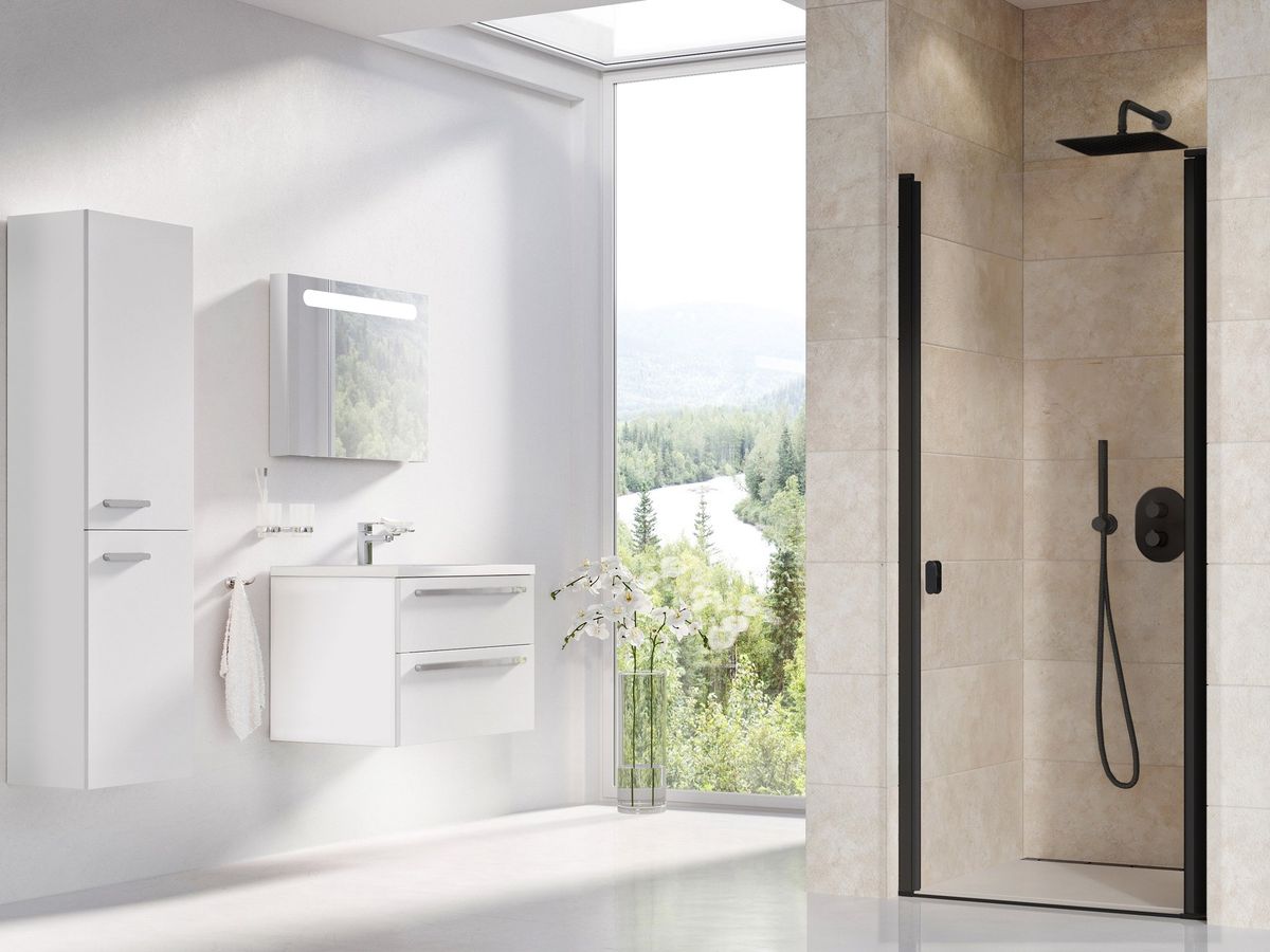 Dušo durys Ravak CSD1 90, juoda+stiklas Transparent, 0QV70300Z1