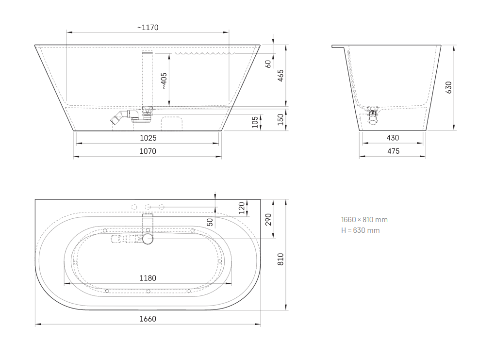 Vonia Paa DECO WALL 166x81 cm, su 4 dalių maišytuvu Finoris