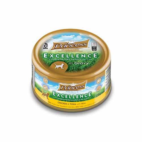 PRINCESS Excellence aukštos kokybės šlapias ėdalas katėms vištiena/tunas/ryžiai padaže 70g