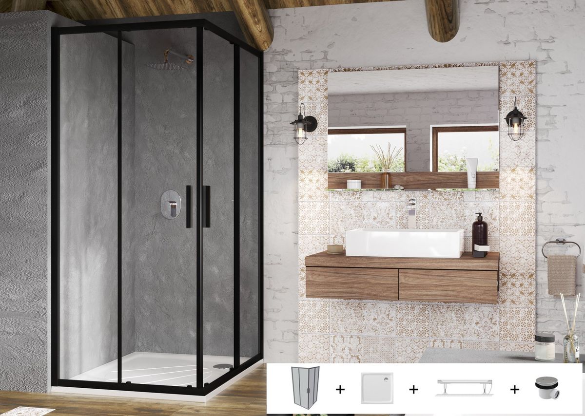 Dušo komplektas 5 in 1 Blix Slim Ravak SET9 - BLSRV2 80x80 komplektas, juoda+Transparent SET9