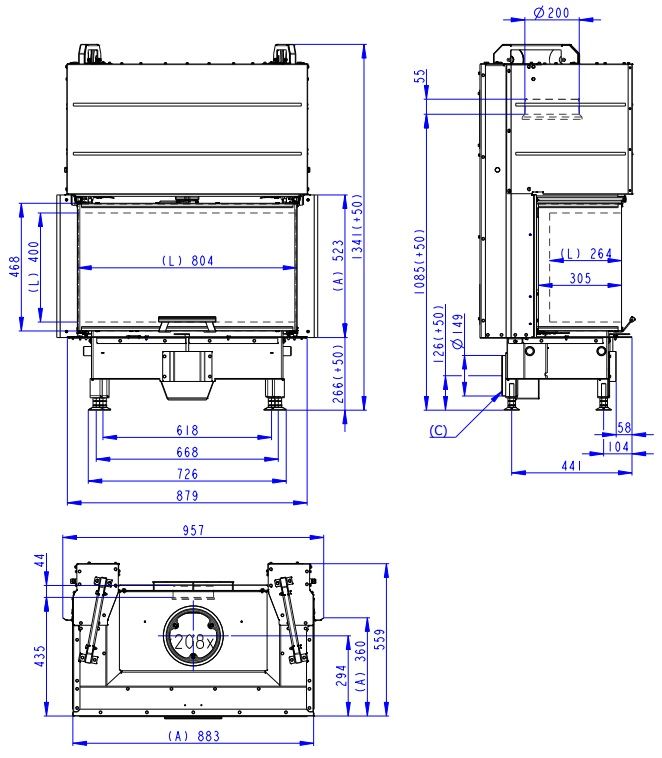 Židinio ugniakuras ROMOTOP trijų stiklų HC3LJ24 80.52.31.26, juoda pakura IGN, pakel. durelėmis.