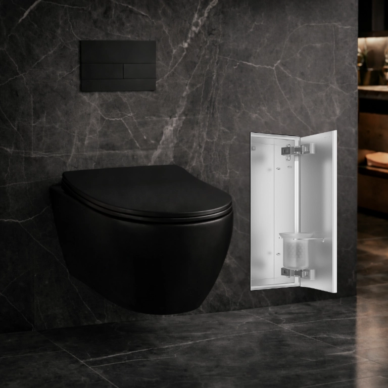 Potinkinė WC šepečio lentyna Balneo Wall Box® Brush "S" Right - dešinės pusės, įklijuojamai plytelei, nerūdijantis plienas B0401060107-01 Potinkinė WC šepečio lentyna Balneo Wall Box® Brush "S" Right - dešinės pusės, įklijuojamai plytelei, nerūdijantis plienas B0401060107-01
