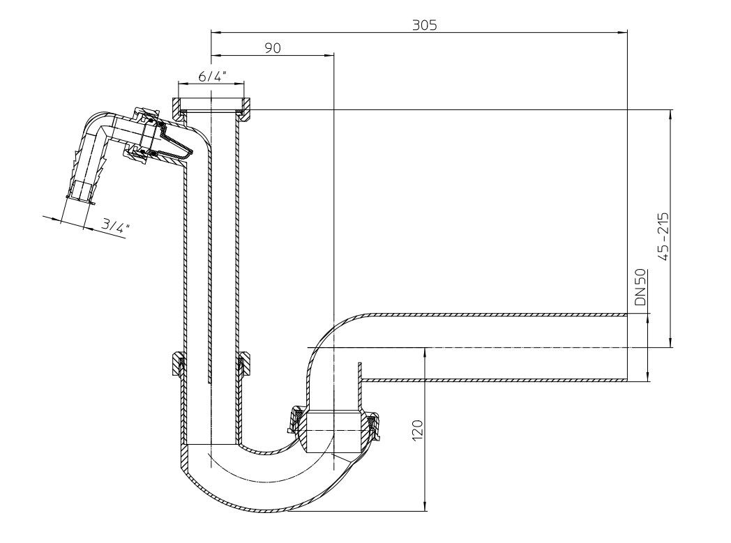 Sifonas plautuvei HL 100/40 DN50х6/4" su pajungimu indaplovei arba skalbimo mašinai