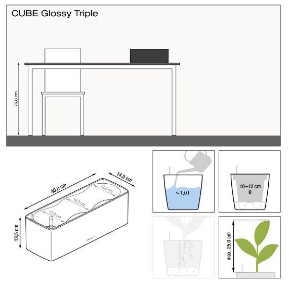 Vazonas Lechuza CUBE GLOSSY TRIPLE, balta blizgi, 13670