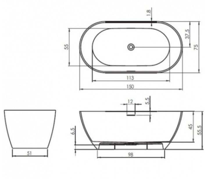 Akmens masės laisvai statoma vonia RIHO Bilbao 150x75 cm