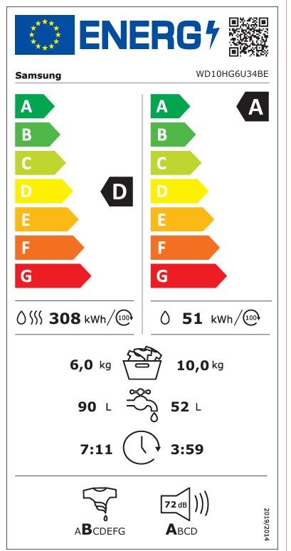 Skalbimo mašina su džiovinimo funkcija Samsung AI Ecobubble, WD10HG6U34BEU4, 10/6 kg