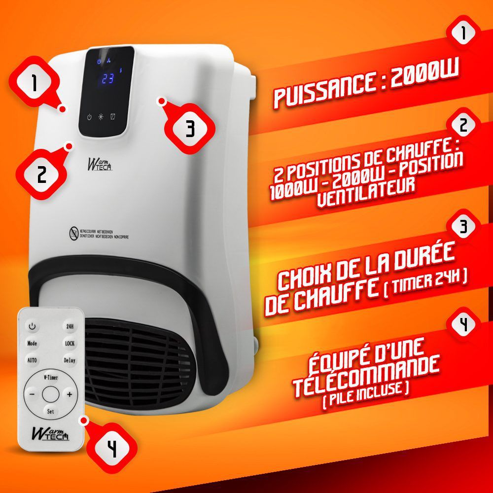 Keraminis sieninis šildytuvas Warmtech, 2000 W, baltas